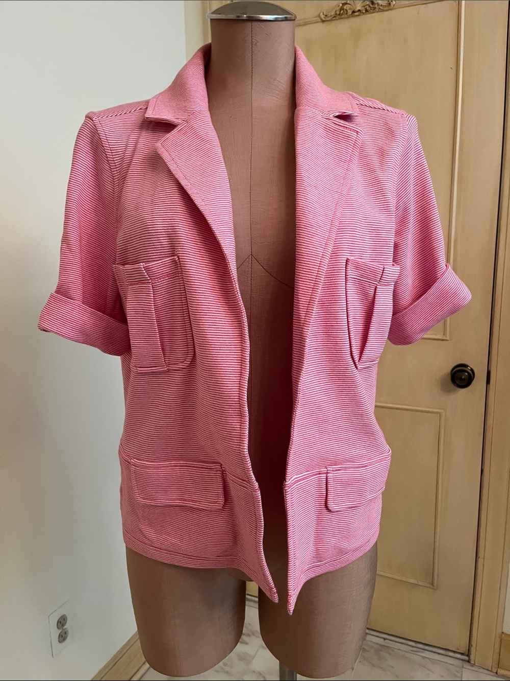 AMBER SUN Preppy Career Soft Pink and White Short SLV 4 Pocket Blazer/Jacket M